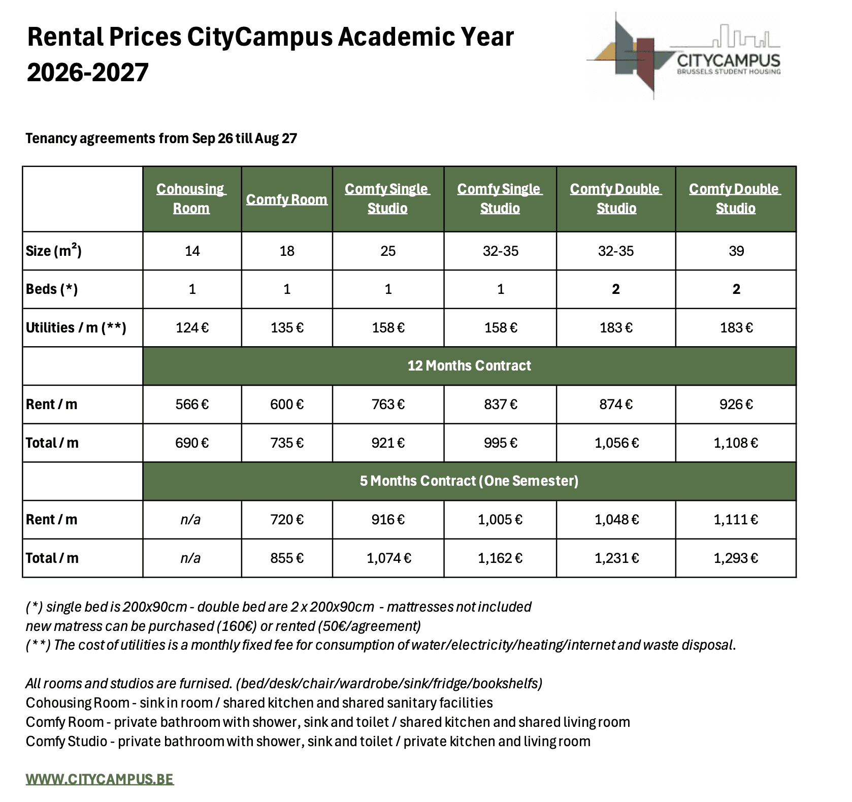 Tarifs des chambres et studios CityCampus 2026–2027